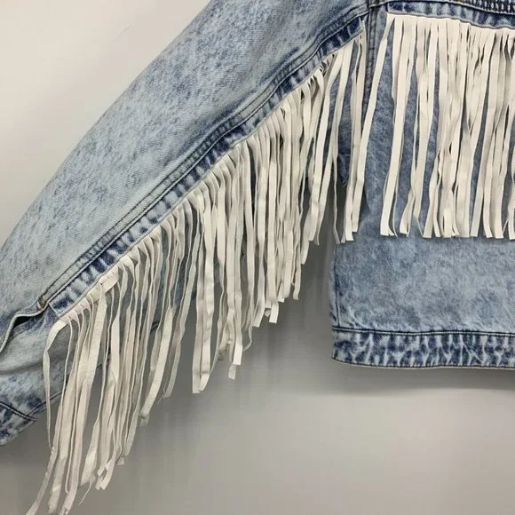 BlankNYC Jacket Nice Try Blue Denim White Fringe Button - Picture 14 of 14